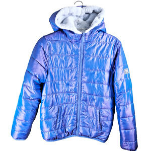 Abercrombie Kids Puffer Jacket Coat Sz 15/16 Blue with Hood Faux Fur Lining